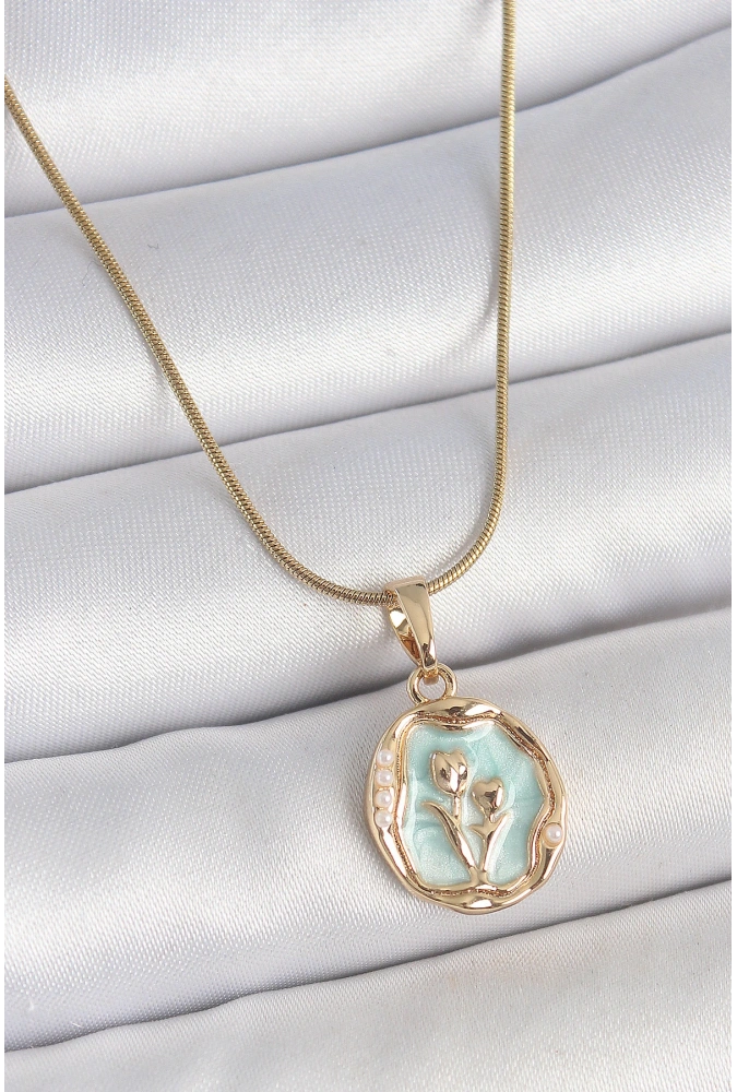Shoecide 316l Çelik Gold Renk Zincir Turkuaz Mineli Çiçek İşlemeli Portre Model Kadın Kolye