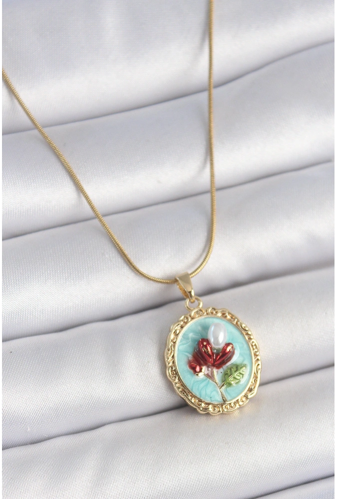 Shoecide 316l Çelik Gold Renk Zincir Turkuaz Mineli İncili Çiçek İşlemeli Portre Model Kadın Kolye