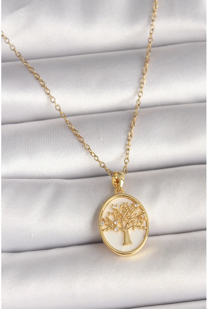 Shoecide 316l Çelik Gold Renk Zincir Zirkon Taş Detaylı Beyaz Mineli Ağaç İşlemeli Portre Model Kadın Kolye