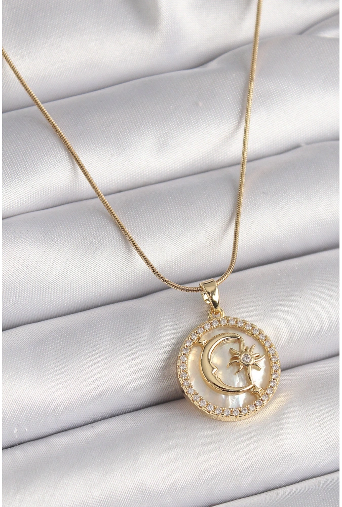 Shoecide 316l Çelik Gold Renk Zincir Zirkon Taş Detaylı Beyaz Sedefli Ay Yıldız Model Kadın Kolye