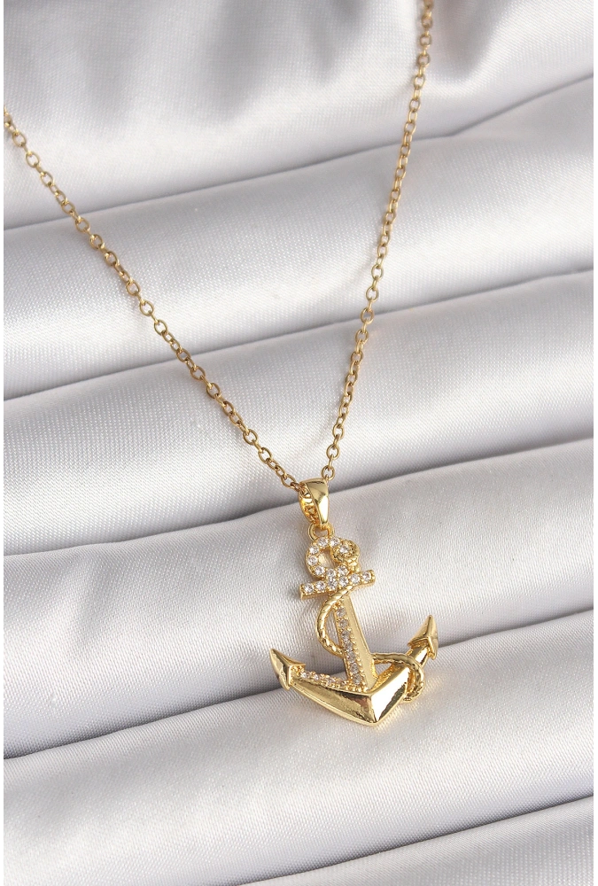 Shoecide 316l Çelik Gold Renk Zincir Zirkon Taş Detaylı Çapa Model Kadın Kolye