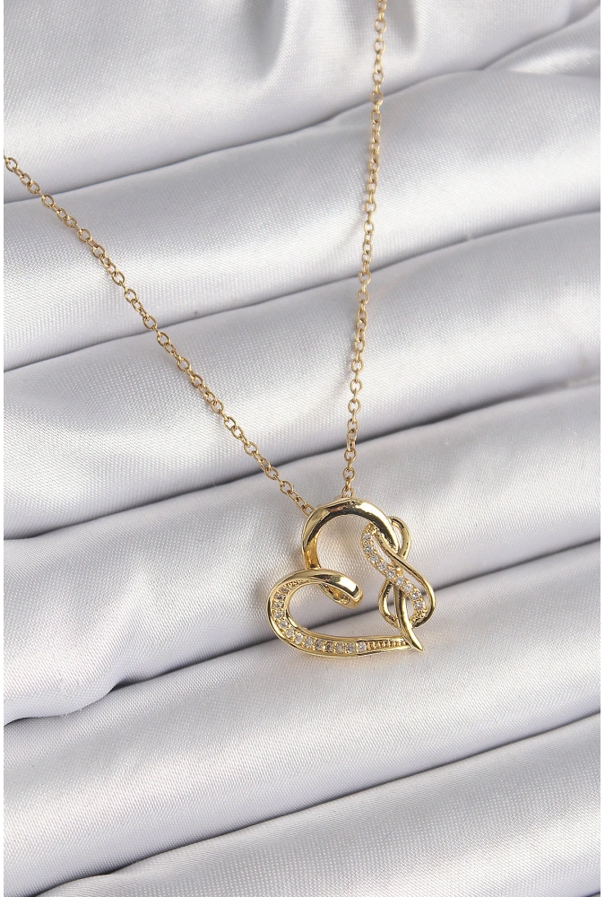 Shoecide 316l Çelik Gold Renk Zincir Zirkon Taş Detaylı Kalp Model Sonsuzluk Detay Kadın Kolye