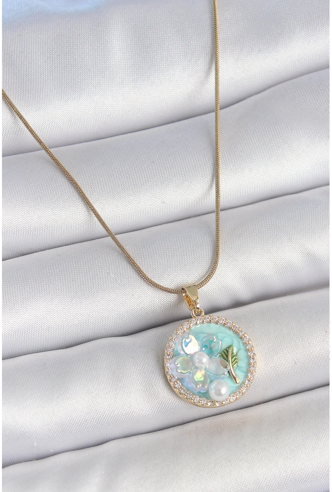 Shoecide 316l Çelik Gold Renk Zincir Zirkon Taş Detaylı Mavi Mineli Çiçek İşlemeli İnci Detay Kadın Kolye