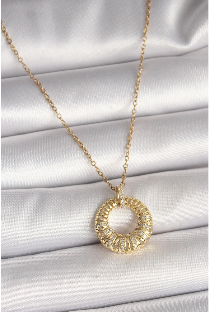 Shoecide 316l Çelik Gold Renk Zincir Zirkon Taş İşlemeli Daire Model Kadın Kolye