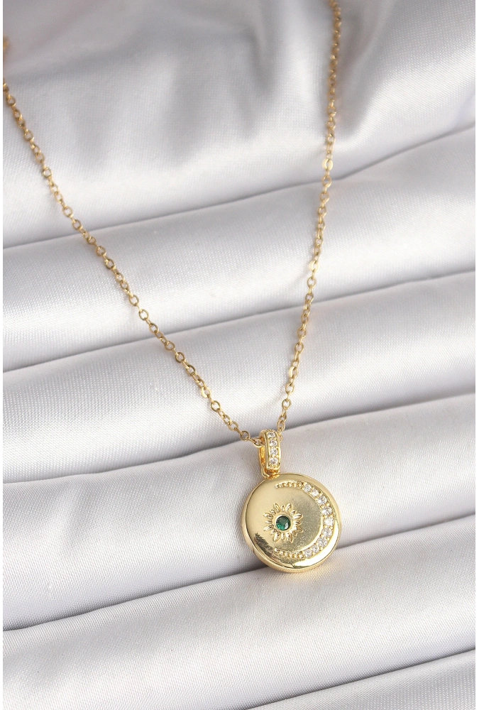 Shoecide 316l Çelik Gold Renk Zincir Zirkon Taş İşlemeli Hilal Yıldız İşlemeli Madalyon Model Kadın Kolye
