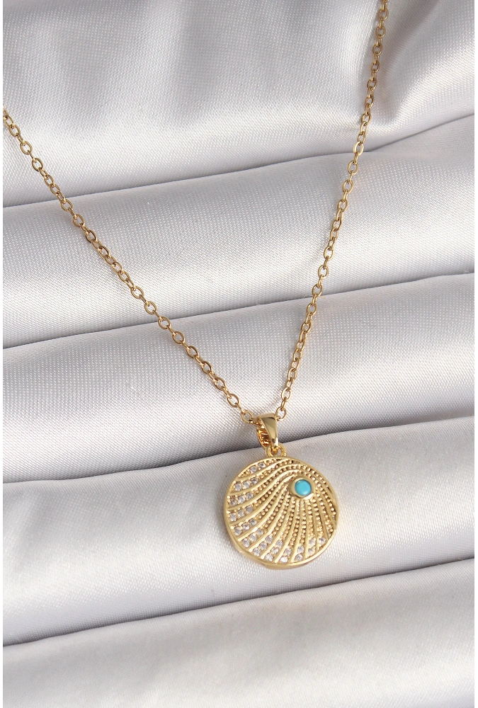 Shoecide 316l Çelik Gold Renk Zincir Zirkon Taş İşlemeli Mavi Taş Detaylı Madalyon Model Kadın Kolye