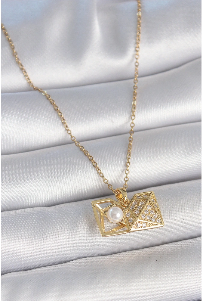 Shoecide 316l Çelik Gold Renk Zincir Zirkon Taşlı Açılır İncili Elmas Model Kadın Kolye