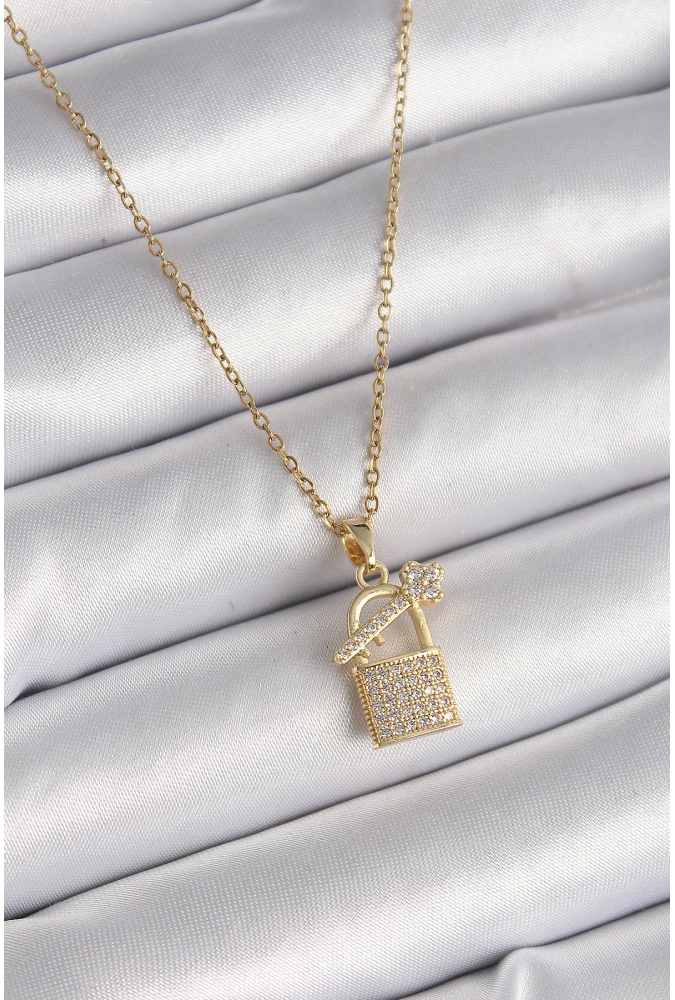 Shoecide 316l Çelik Gold Renk Zincir Zirkon Taşlı Asma Kilit Anahtar Model Kadın Kolye