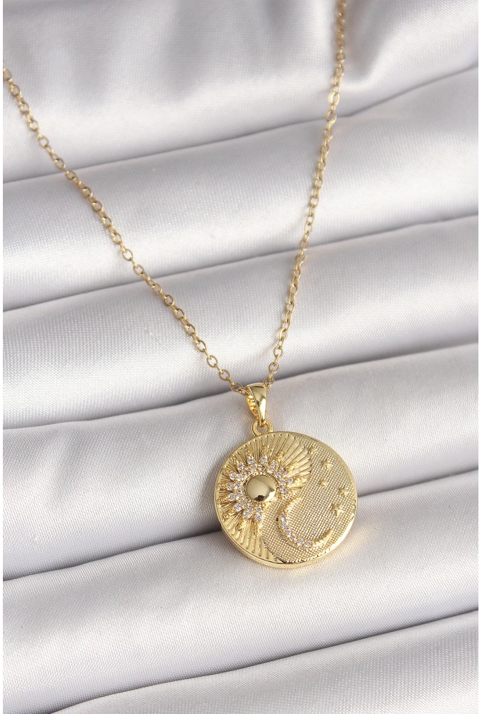 Shoecide 316l Çelik Gold Renk Zincir Zirkon Taşlı Ay Güneş İşlemeli Madalyon Model Kadın Kolye