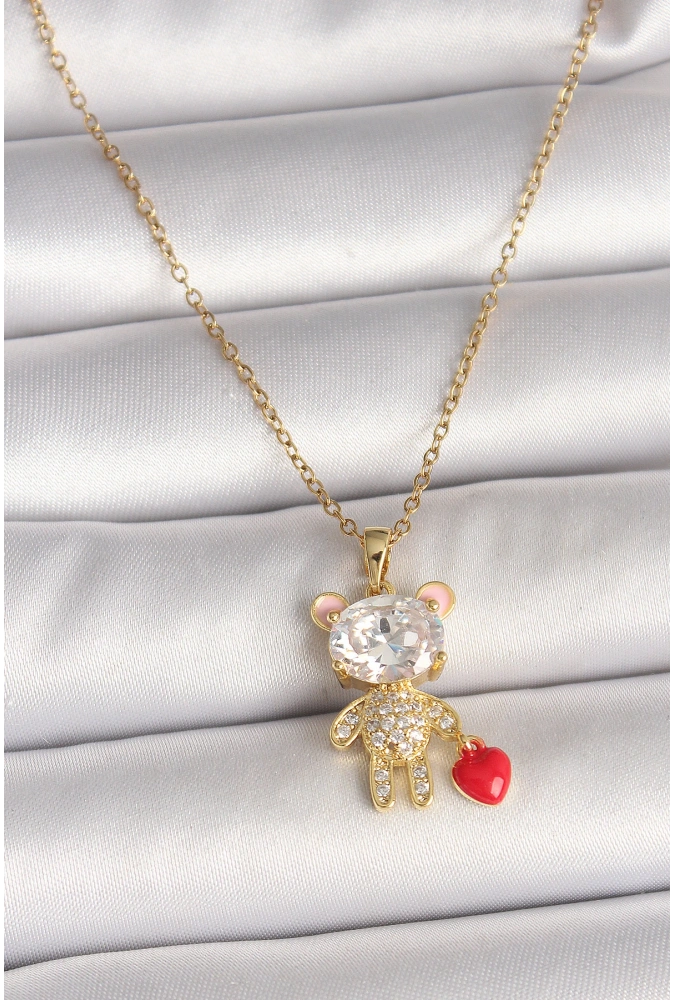 Shoecide 316l Çelik Gold Renk Zincir Zirkon Taşlı Ayıcık Model Kırmızı Kalp Detay Kadın Kolye