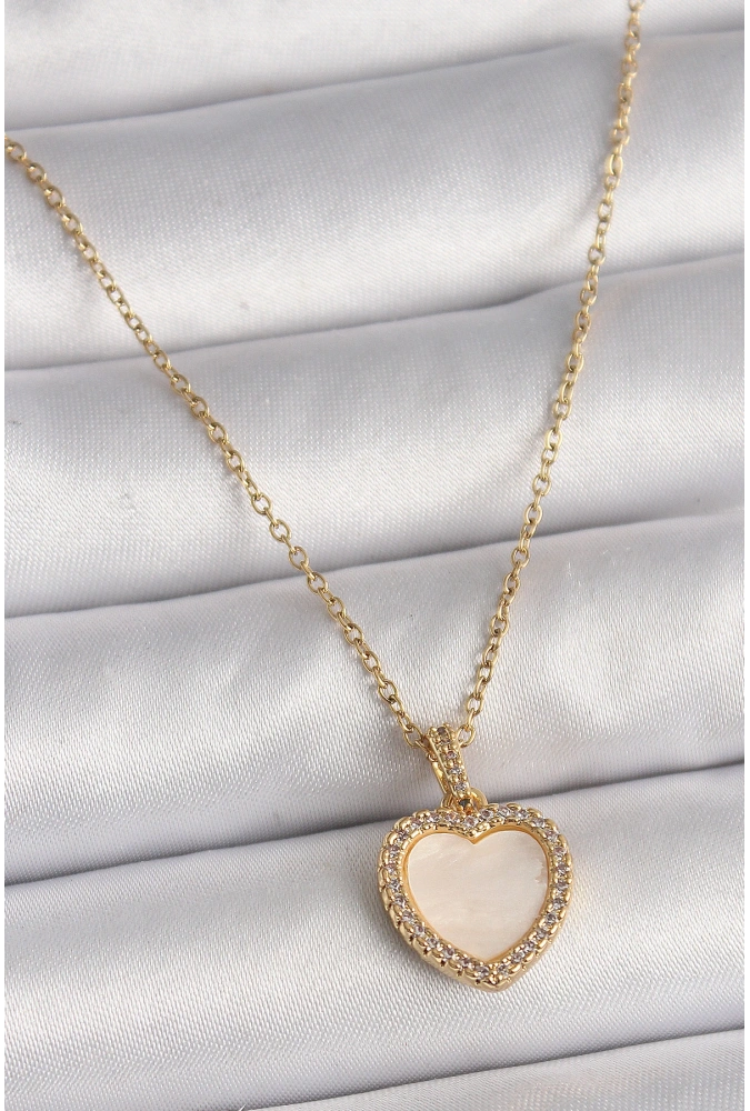 Shoecide 316l Çelik Gold Renk Zincir Zirkon Taşlı Beyaz Mineli Kalp Model Kadın Kolye