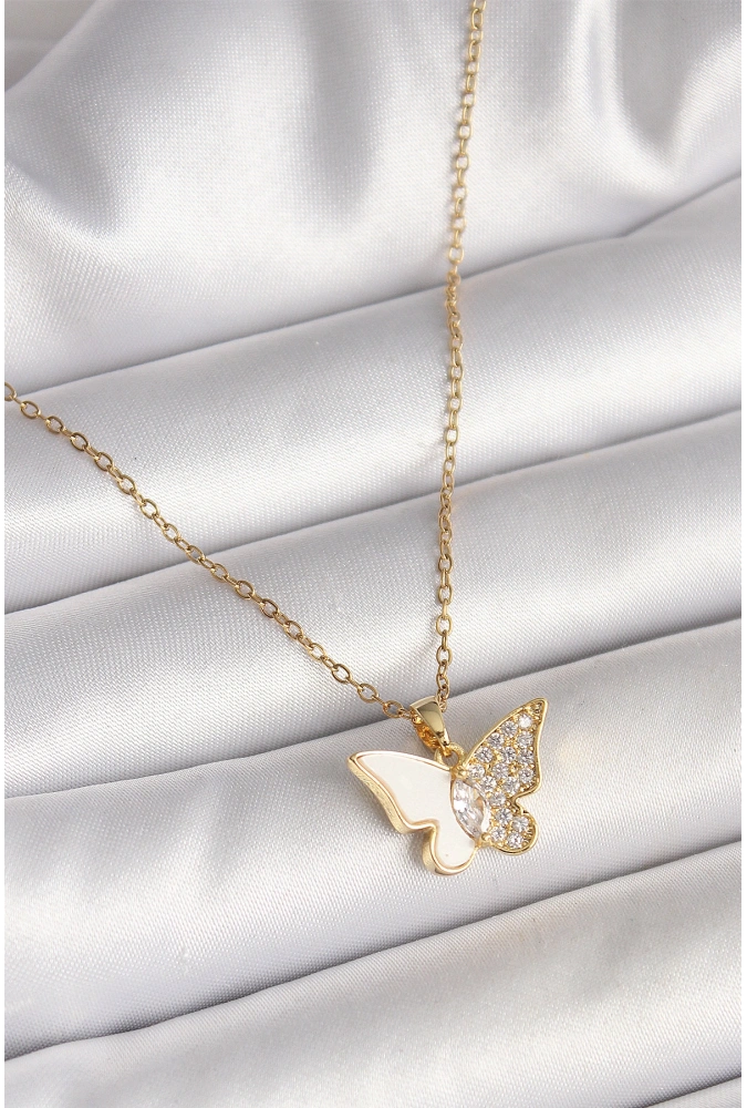 Shoecide 316l Çelik Gold Renk Zincir Zirkon Taşlı Beyaz Mineli Kelebek Model Kadın Kolye