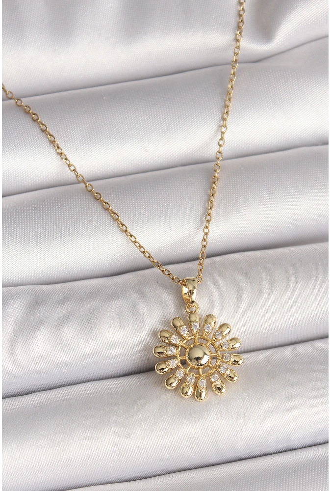 Shoecide 316l Çelik Gold Renk Zincir Zirkon Taşlı Güneş Model Kadın Kolye
