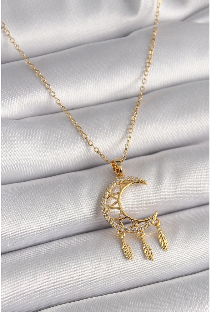 Shoecide 316l Çelik Gold Renk Zincir Zirkon Taşlı Hilal Model Sallantı Yaprak Detay Kadın Kolye