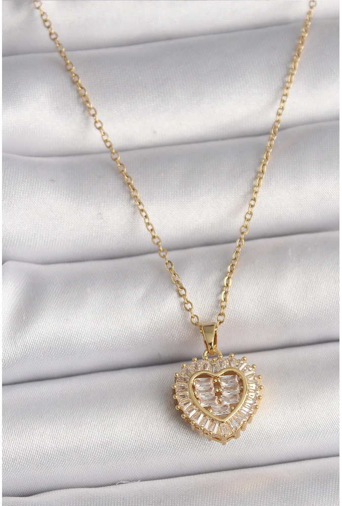 Shoecide 316l Çelik Gold Renk Zincir Zirkon Taşlı Kalp Model Kadın Kolye