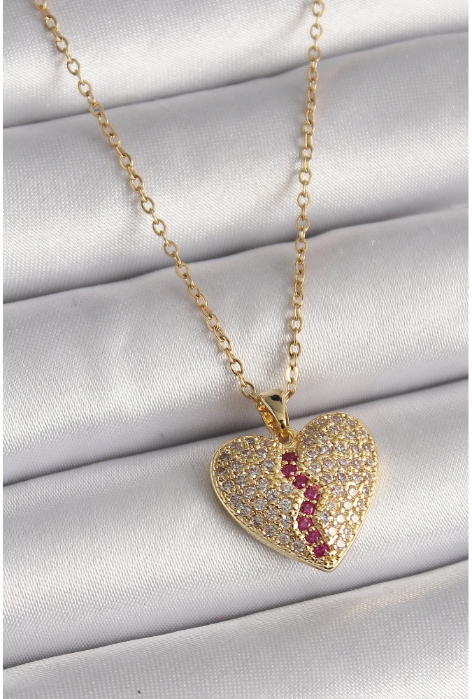 Shoecide 316l Çelik Gold Renk Zincir Zirkon Taşlı Kalp Model Kadın Kolye