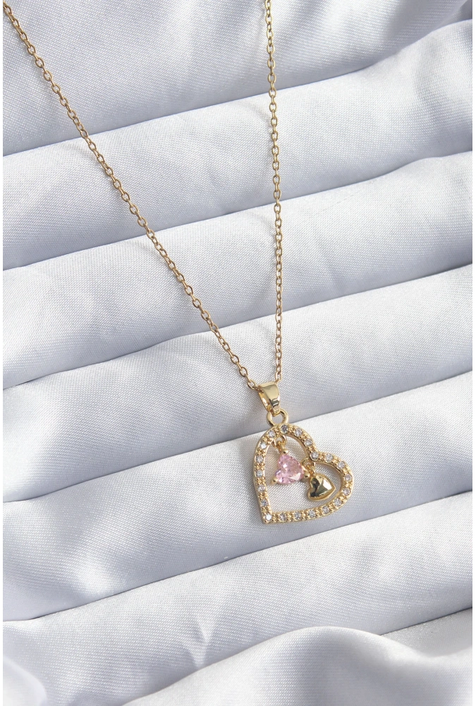 Shoecide 316l Çelik Gold Renk Zincir Zirkon Taşlı Kalp Model Kadın Kolye