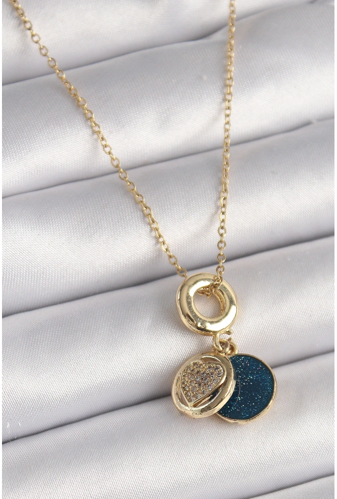 Shoecide 316l Çelik Gold Renk Zincir Zirkon Taşlı Kalp Model Mavi Simli Kadın Kolye