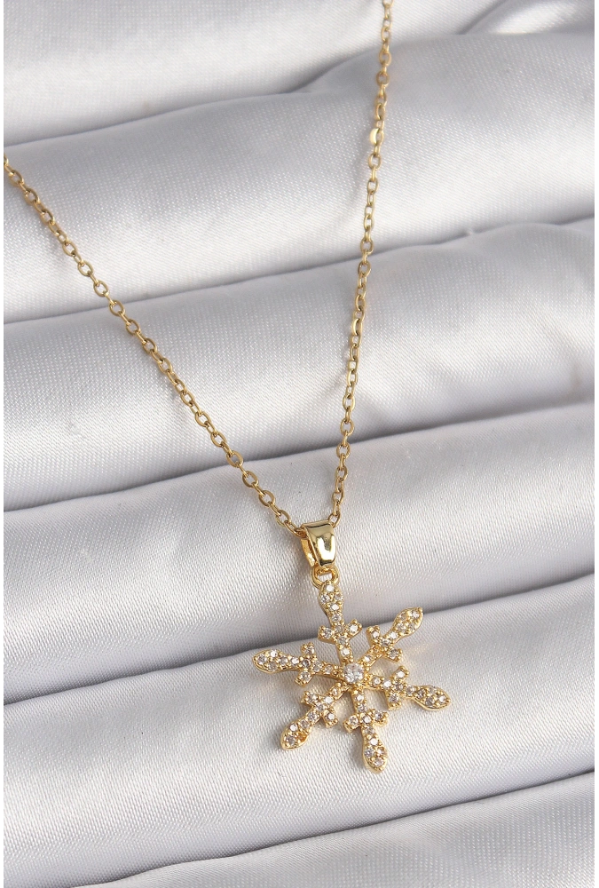 Shoecide 316l Çelik Gold Renk Zincir Zirkon Taşlı Kar Tanesi Model Kadın Kolye