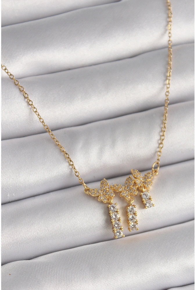 Shoecide 316l Çelik Gold Renk Zincir Zirkon Taşlı Kelebek Model Sallantı Detay Kadın Kolye