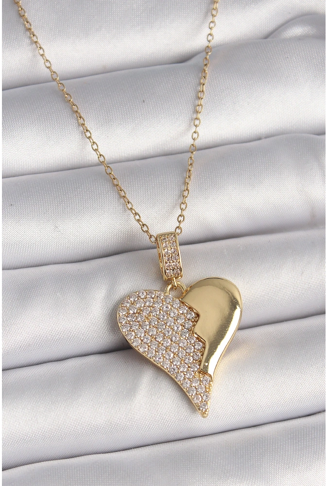 Shoecide 316l Çelik Gold Renk Zincir Zirkon Taşlı Kırık Kalp Model Kadın Kolye