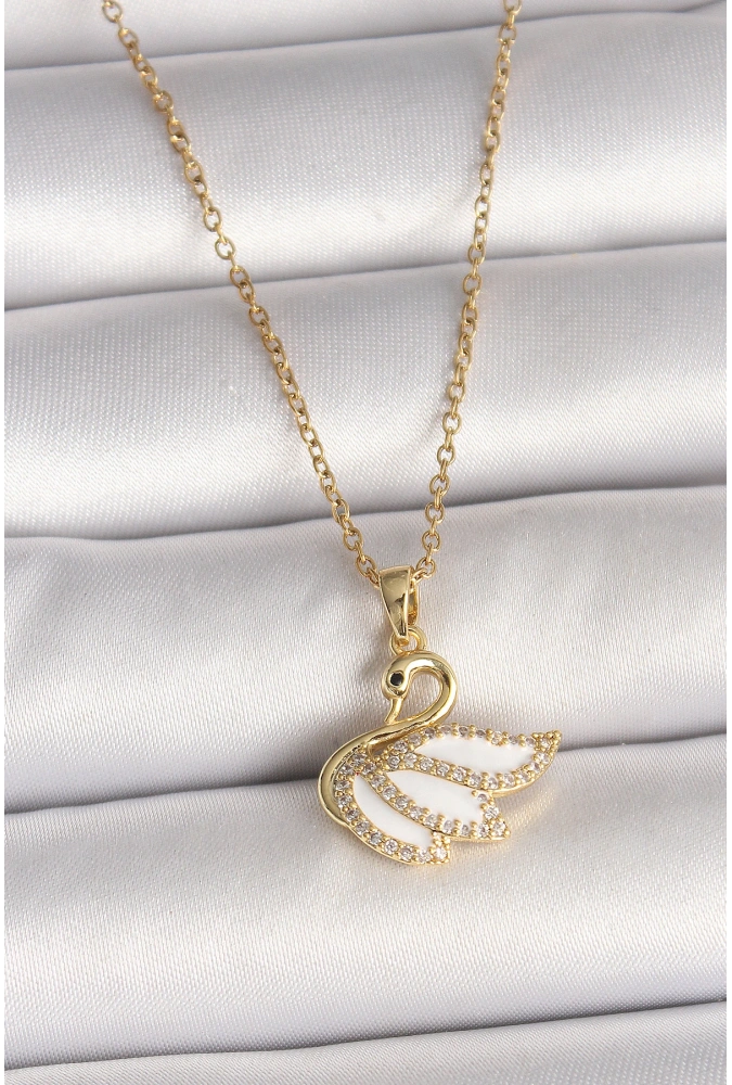 Shoecide 316l Çelik Gold Renk Zincir Zirkon Taşlı Kuğu Model Kadın Kolye