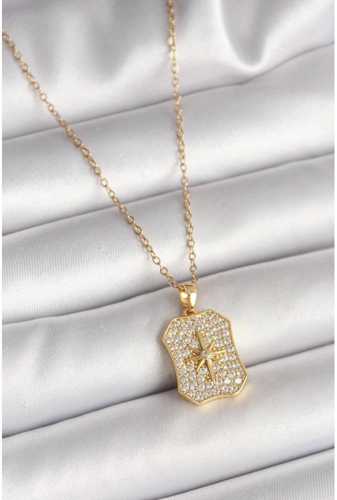 Shoecide 316l Çelik Gold Renk Zincir Zirkon Taşlı Kutup Yıldız İşlemeli Madalyon Model Kadın Kolye