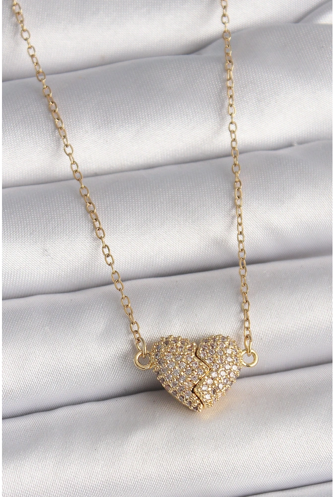 Shoecide 316l Çelik Gold Renk Zincir Zirkon Taşlı Mıknatıslı Kalp Model Kadın Kolye