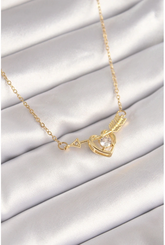 Shoecide 316l Çelik Gold Renk Zincir Zirkon Taşlı Ok Kalp Model Kadın Kolye