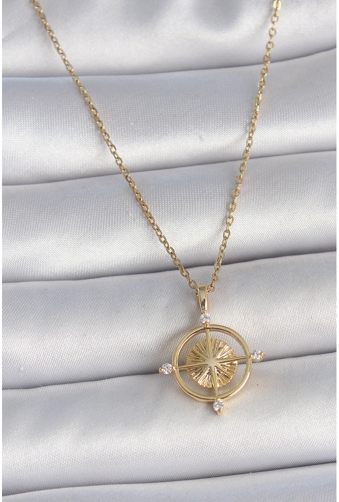 Shoecide 316l Çelik Gold Renk Zincir Zirkon Taşlı Pusula Model Kadın Kolye