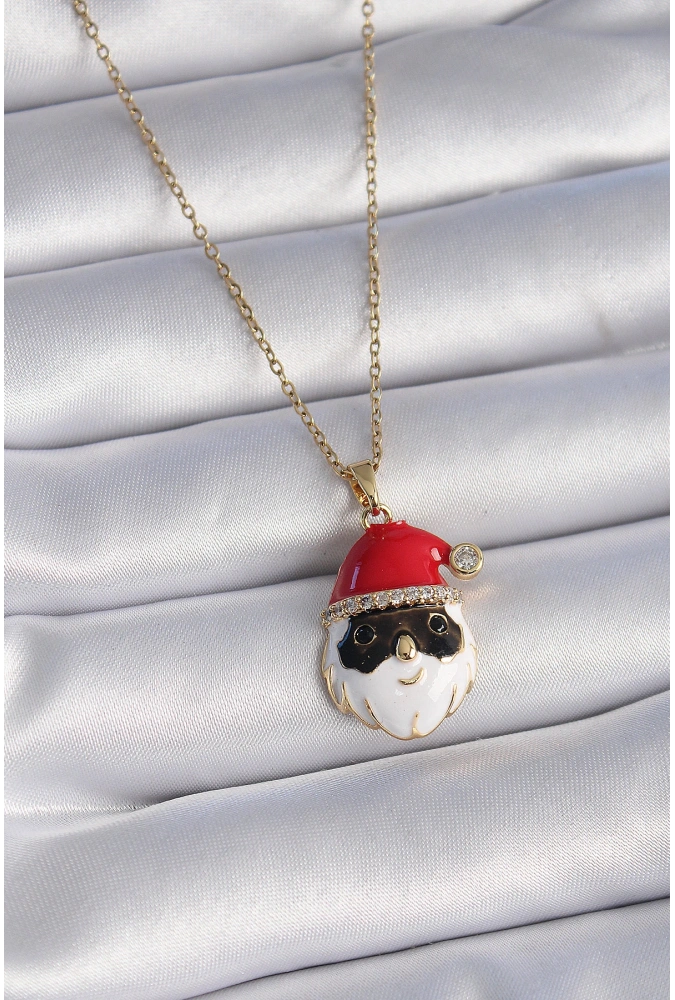 Shoecide 316l Çelik Gold Renk Zincir Zirkon Taşlı Yılbaşı Temalı Noel Baba Figür Kadın Kolye