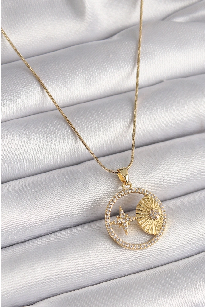 Shoecide 316l Çelik Gold Renk Zincir Zirkon Taşlı Yıldız İşleme Madalyon Model Kadın Kolye