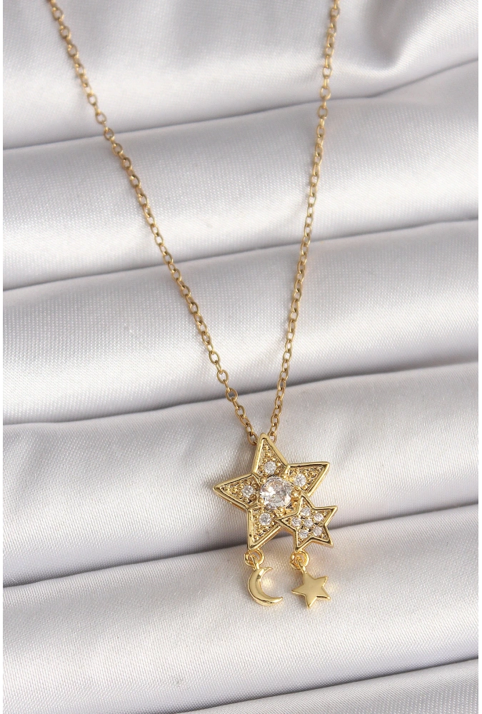 Shoecide 316l Çelik Gold Renk Zincir Zirkon Taşlı Yıldız Model Sallanı Ay Yıldız Detay Kadın Kolye