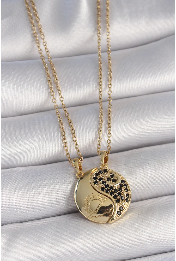 Shoecide 316l Çelik Gold Renk Zincir Zirkon Taşlı Ying Yang Model Gün Batımı İşlemeli Arkadaşlık Kadın Kolye