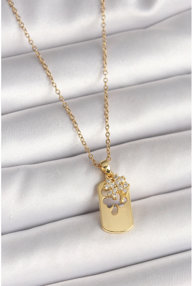 Shoecide 316l Çelik Gold Renk Zincir Zirkon Taşlı Yonca Model Kadın Kolye