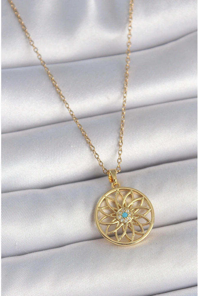 Shoecide 316l Çelik Gold Renk Zincr Mavi Taşlı Lotus Model Kadın Kolye