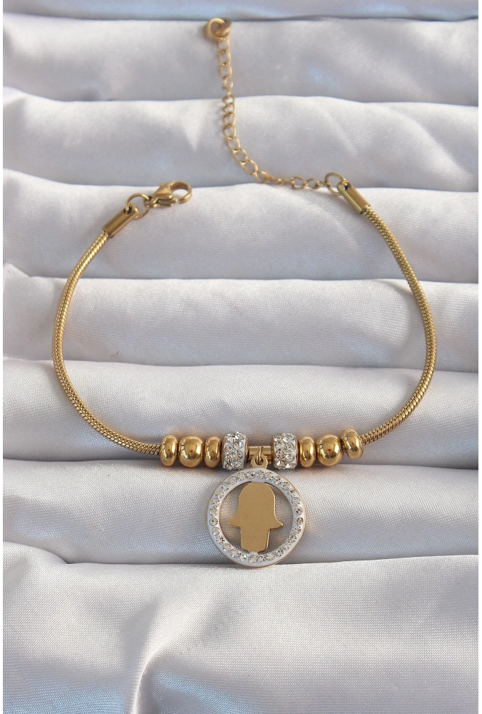 Shoecide 316l Çelik Gold Renk Zirkon Taş Aksesuarlı Fatma Ana Eli Bileklik