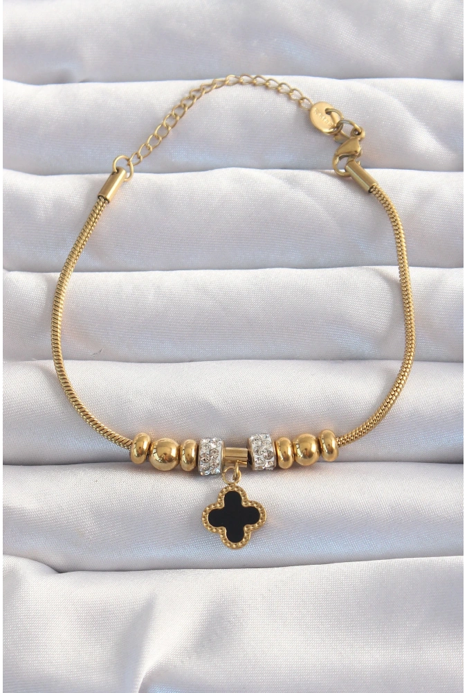 Shoecide 316l Çelik Gold Renk Zirkon Taş Aksesuarlı Siyah Mineli Yonca Bileklik