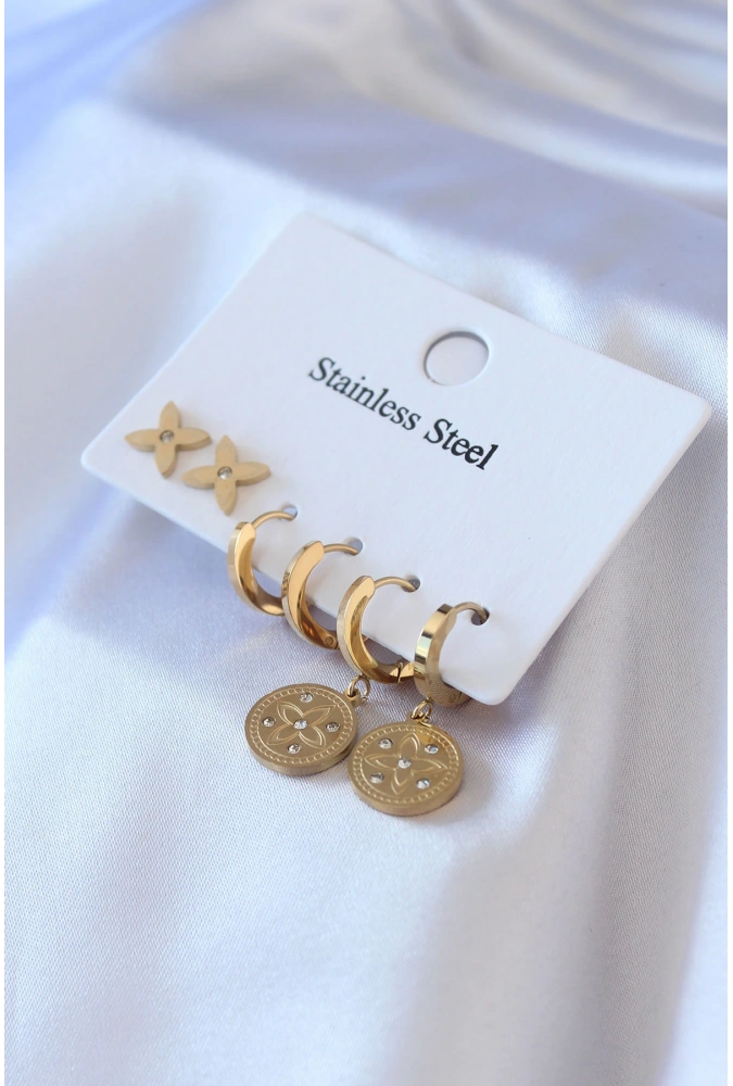 Shoecide 316l Çelik Gold Renk Zirkon Taş Detay Çiçek İşleme Kadın Küpe Seti