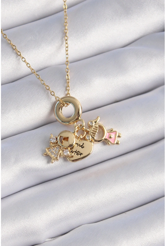 Shoecide 316l Çelik Gold Renk Zirkon Taş Detay Çocuk Figür Charm Model Kadın Kolye