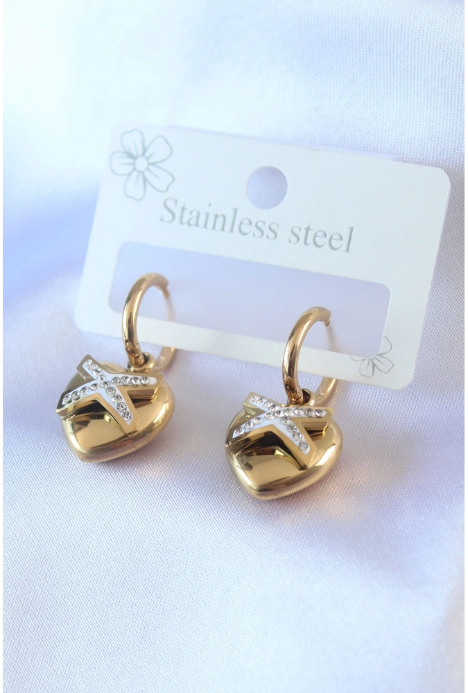 Shoecide 316l Çelik Gold Renk Zirkon Taş Detay Kalp Model Kadın Küpe