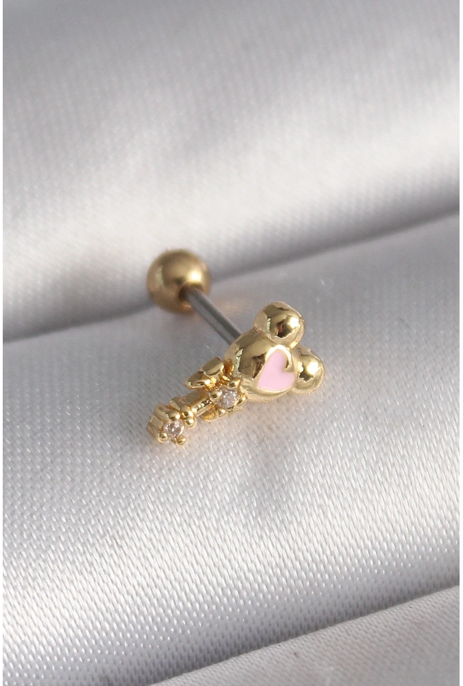 Shoecide 316l Çelik Gold Renk Zirkon Taş Detay Pembe Kalp İşleme Tragus Piercing
