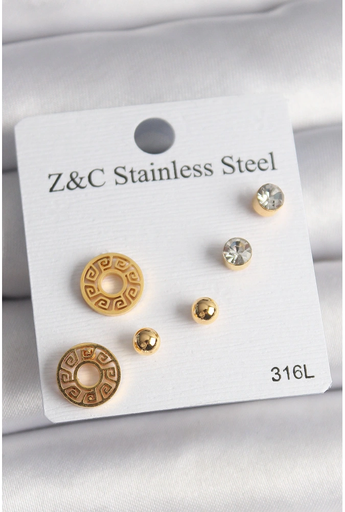 Shoecide 316l Çelik Gold Renk Zirkon Taşı Labirent Model Kadın Küpe Seti