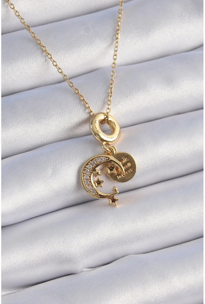 Shoecide 316l Çelik Gold Renk Zirkon Taşlı Ay Yıldız  Model Charm Model Kadın Kolye