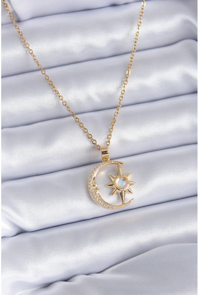 Shoecide 316l Çelik Gold Renk Zirkon Taşlı Ay Yıldız Model Kadın Kolye