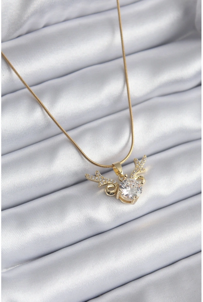 Shoecide 316l Çelik Gold Renk Zirkon Taşlı Boynuz Model Kadın Kolye