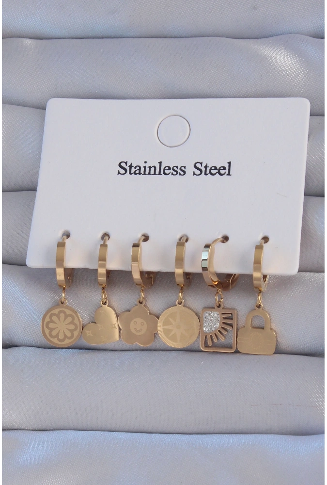 Shoecide 316l Çelik Gold Renk Zirkon Taşlı Çiçek Figürlü Kalp Model Halka Küpe Seti