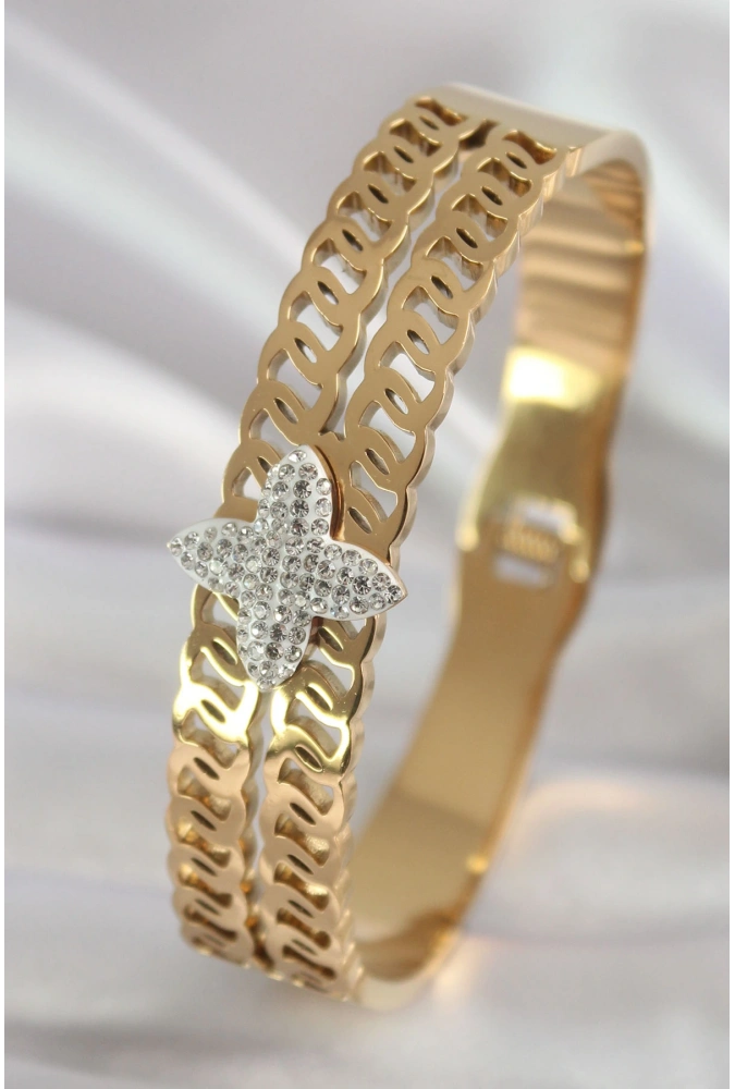 Shoecide 316l Çelik Gold Renk Zirkon Taşlı Çiçek Model Kadın Kelepçe