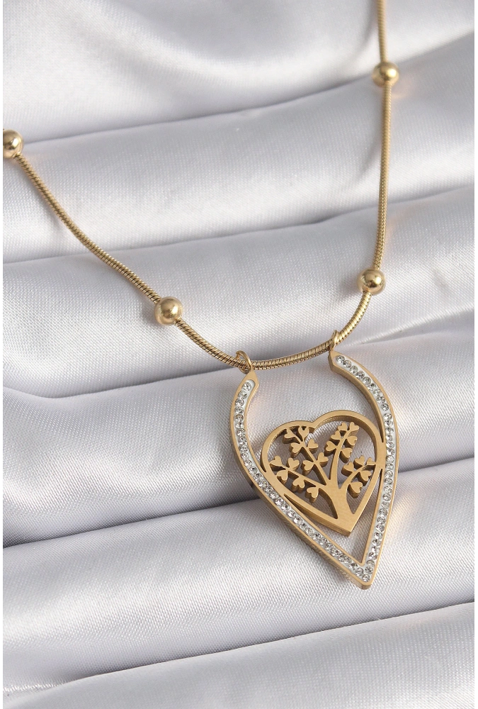 Shoecide 316l Çelik Gold Renk Zirkon Taşlı Detaylı Kalp Fidan Model Kadın Kolye