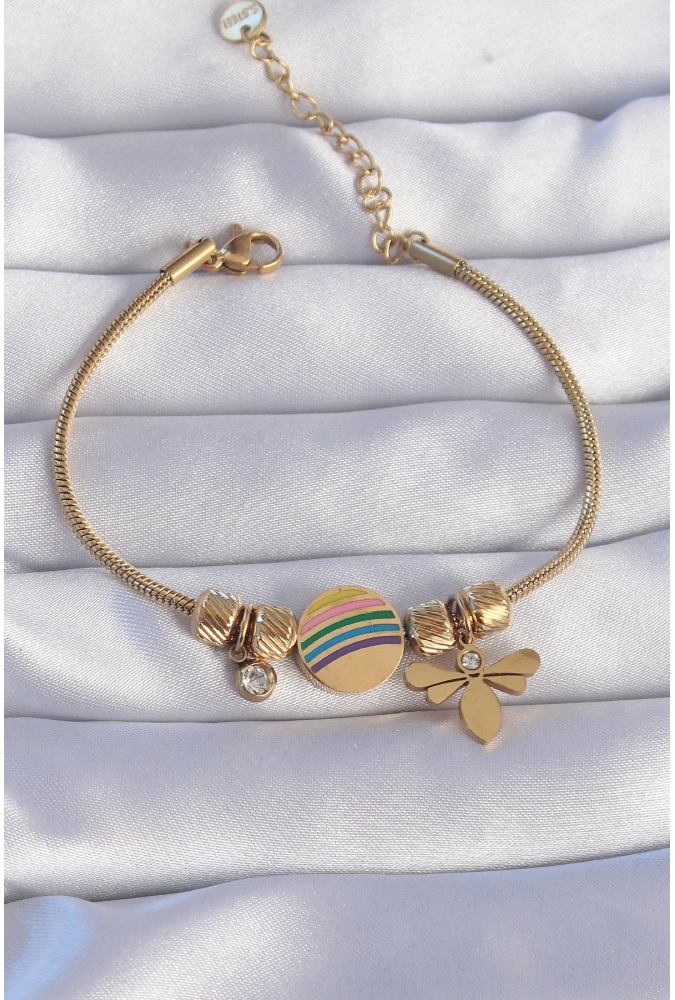 Shoecide 316l Çelik Gold Renk Zirkon Taşlı Gökkuşağı Tasarımlı Yusufçuk Bileklik